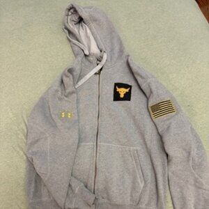 Dwayne The Rock Johnson Bull Under Armour Gray Zip Up Hooded Sweatshirt Jacket L